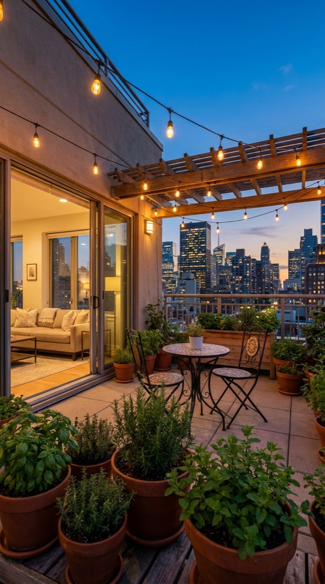 Dachterrasse mit Pergola am Abend